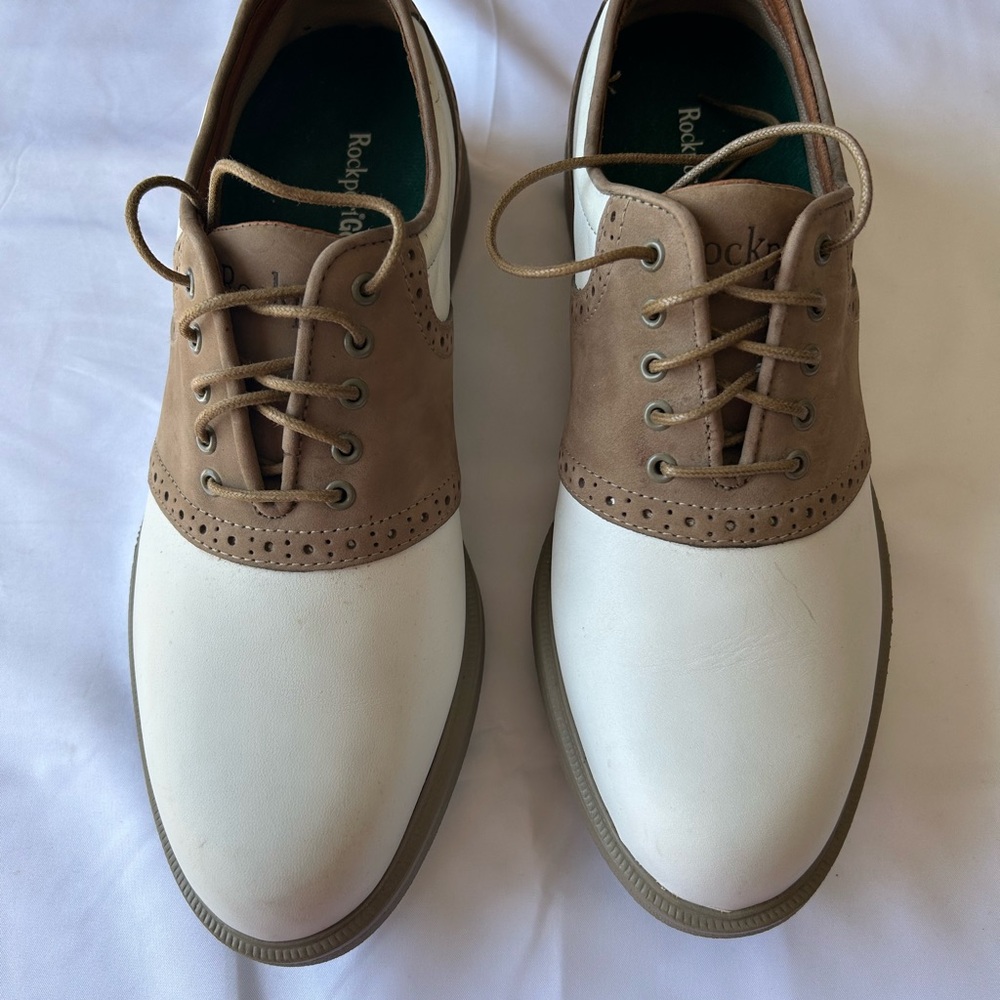 Rockport Men's White and Tan Oxford Golf Shoes Size 9.5